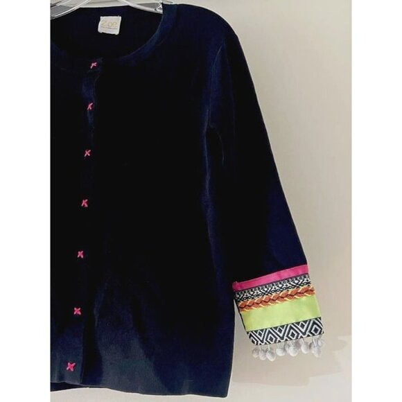 Large Zoe Zone of Embroidered Black Cardigan Embellished Trim Pom Pom Y2K Retro - Picture 2 of 6